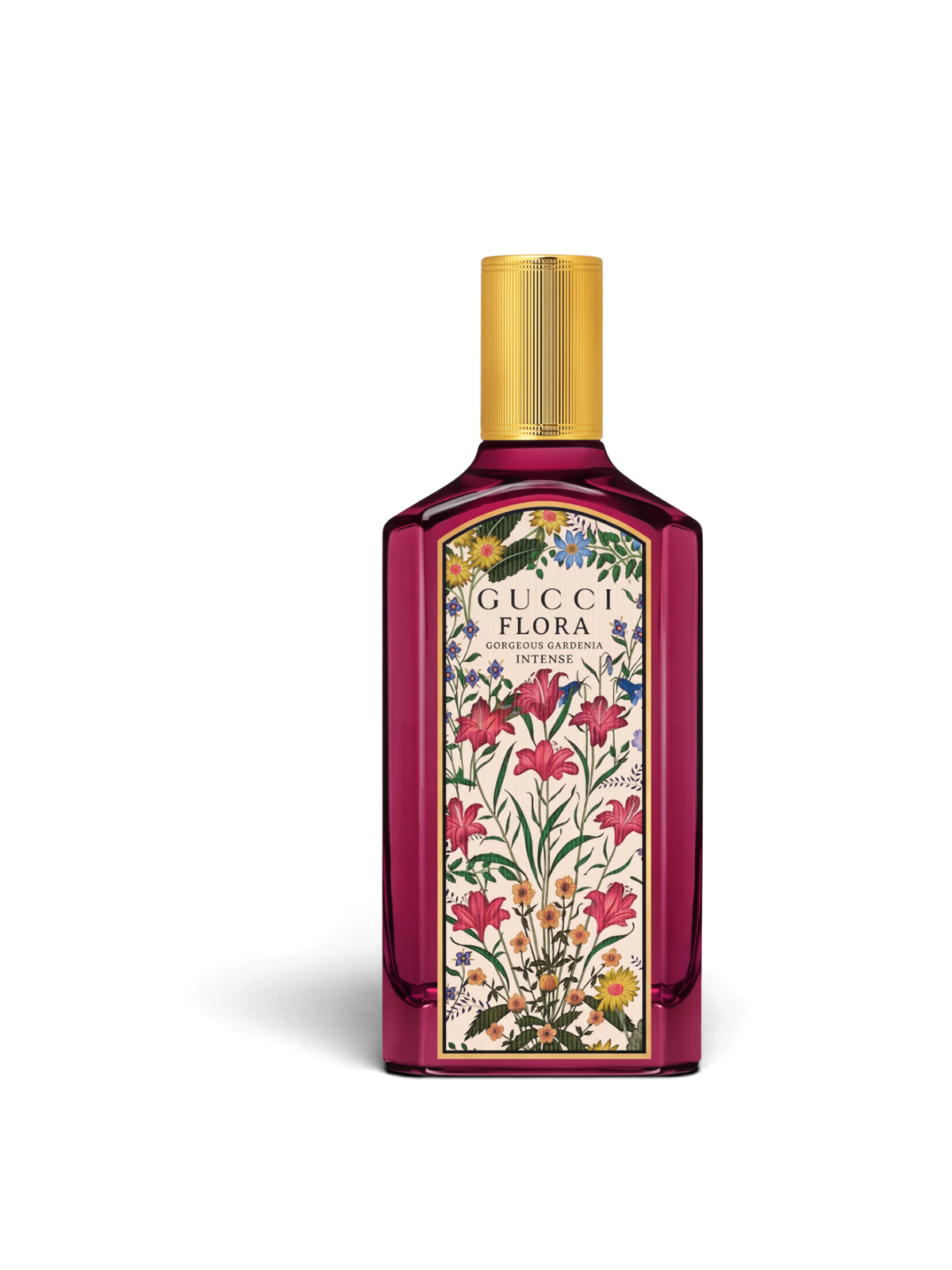 euaden Gucci Flora Gorgeous Gardenia Intense kadın parfümü, mor cam şişe ve ikonik çiçek desenli etiket tasarımı