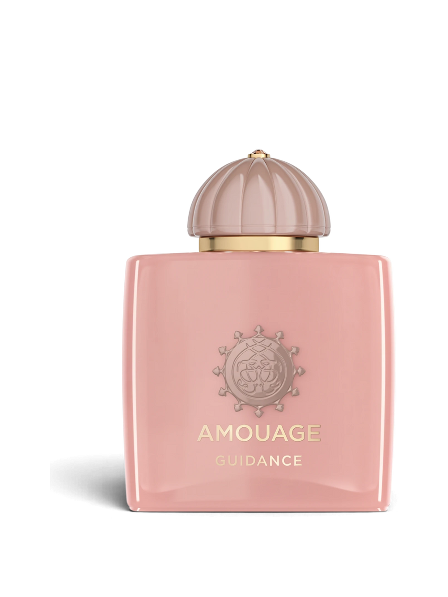 Euaden Amouage Guidance unisex parfüm, zarif pembe cam şişesi ve kubbe formundaki kapağı ile lüks bir tasarım sunuyor.
