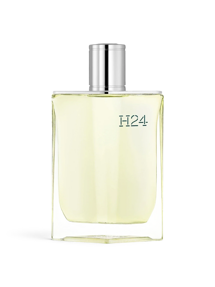 euaden HERMÈS H24 erkek parfümü, şeffaf cam şişede açık sarı renkli aromatik ve botanik kokulu EDT