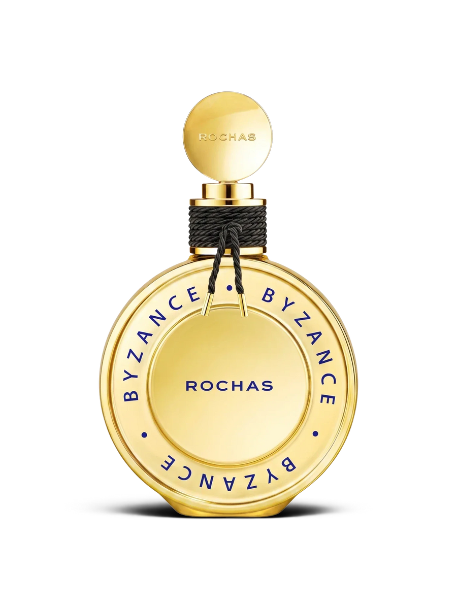 euaden Rochas Byzance Gold kadın parfümü, altın rengi yuvarlak şişesi ve zarif siyah detaylı kapağı ile 90 ml EDP
