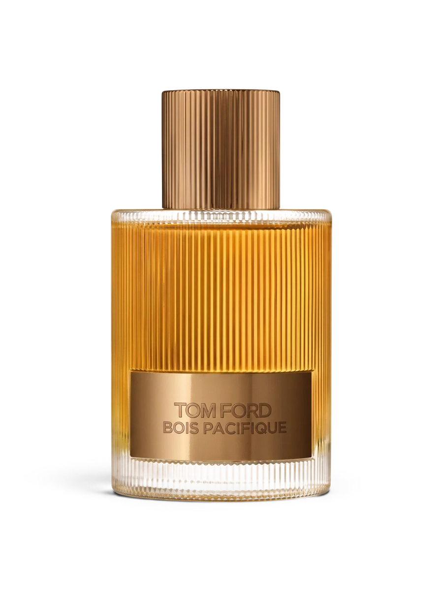 euaden Tom Ford Bois Pacifique unisex parfüm, dikey çizgili cam şişesi ve bronz kapak tasarımıyla lüks odunsu koku