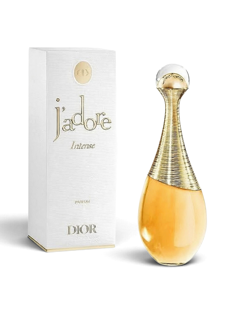 euaden Dior J'adore Intense Parfum, altın rengi zarif şişesi ve beyaz kutusuyla lüks çiçeksi kadın parfümü