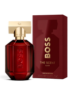 euaden HUGO BOSS The Scent For Her Elixir kadın parfümü, altın kapaklı koyu kırmızı cam şişe ve kutusu