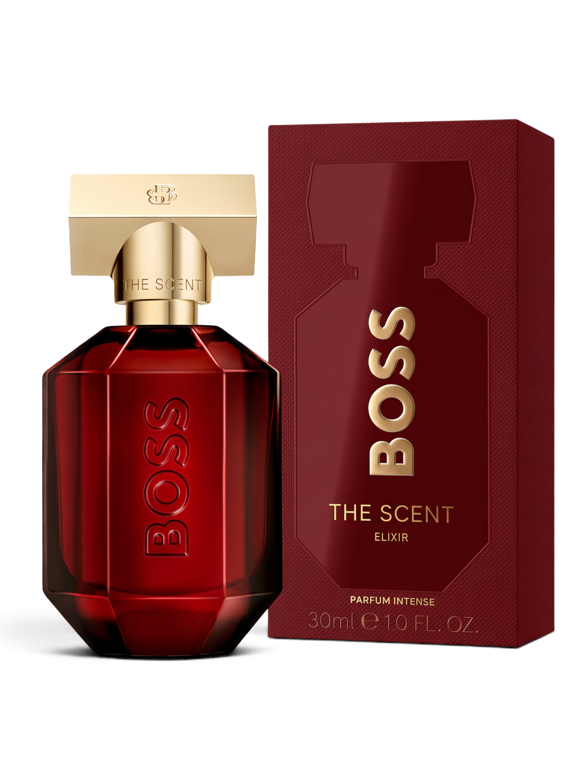 euaden HUGO BOSS The Scent For Her Elixir kadın parfümü, altın kapaklı koyu kırmızı cam şişe ve kutusu