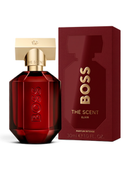 euaden HUGO BOSS The Scent For Her Elixir kadın parfümü, altın kapaklı koyu kırmızı cam şişe ve kutusu