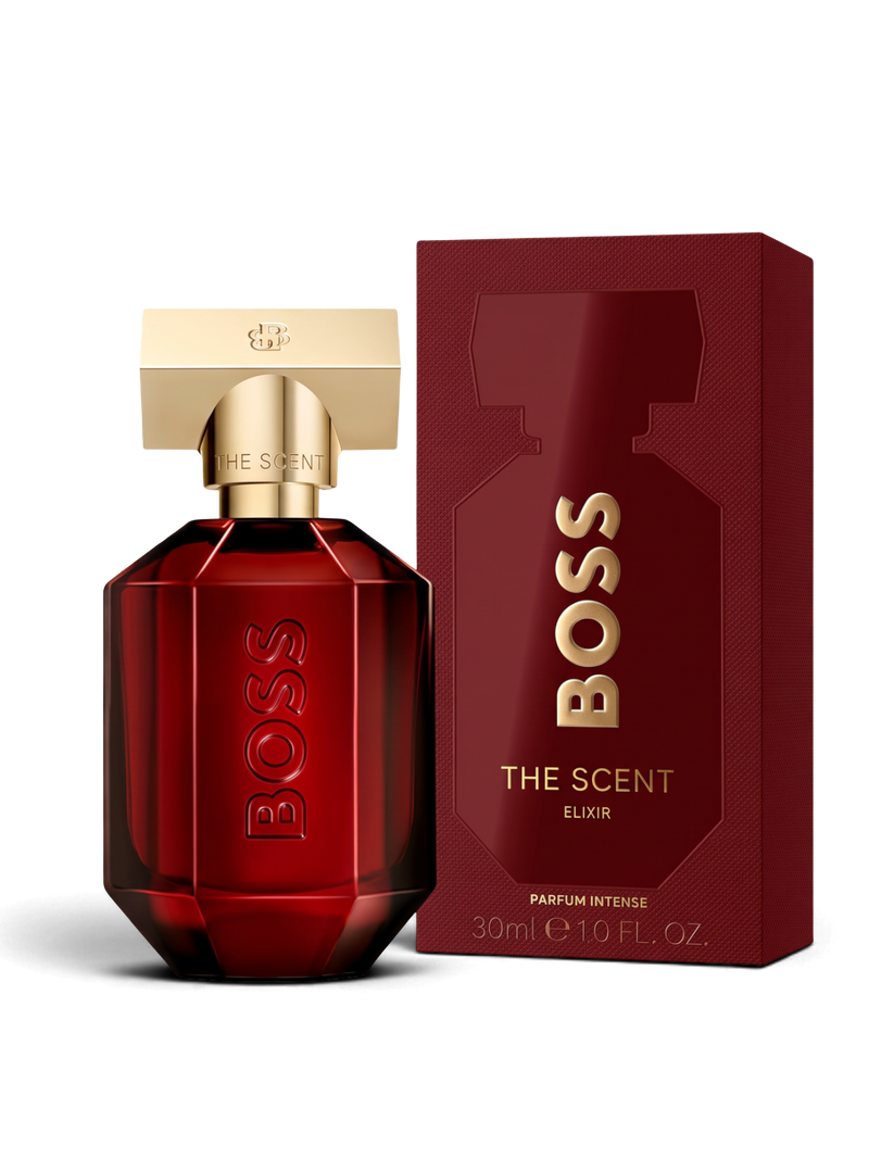 euaden HUGO BOSS The Scent For Her Elixir kadın parfümü, altın kapaklı koyu kırmızı cam şişe ve kutusu