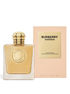 euaden Burberry Goddess EDP 100 ml kadın parfümü, altın rengi şık cam şişesi ve zarif bej kutusu ile