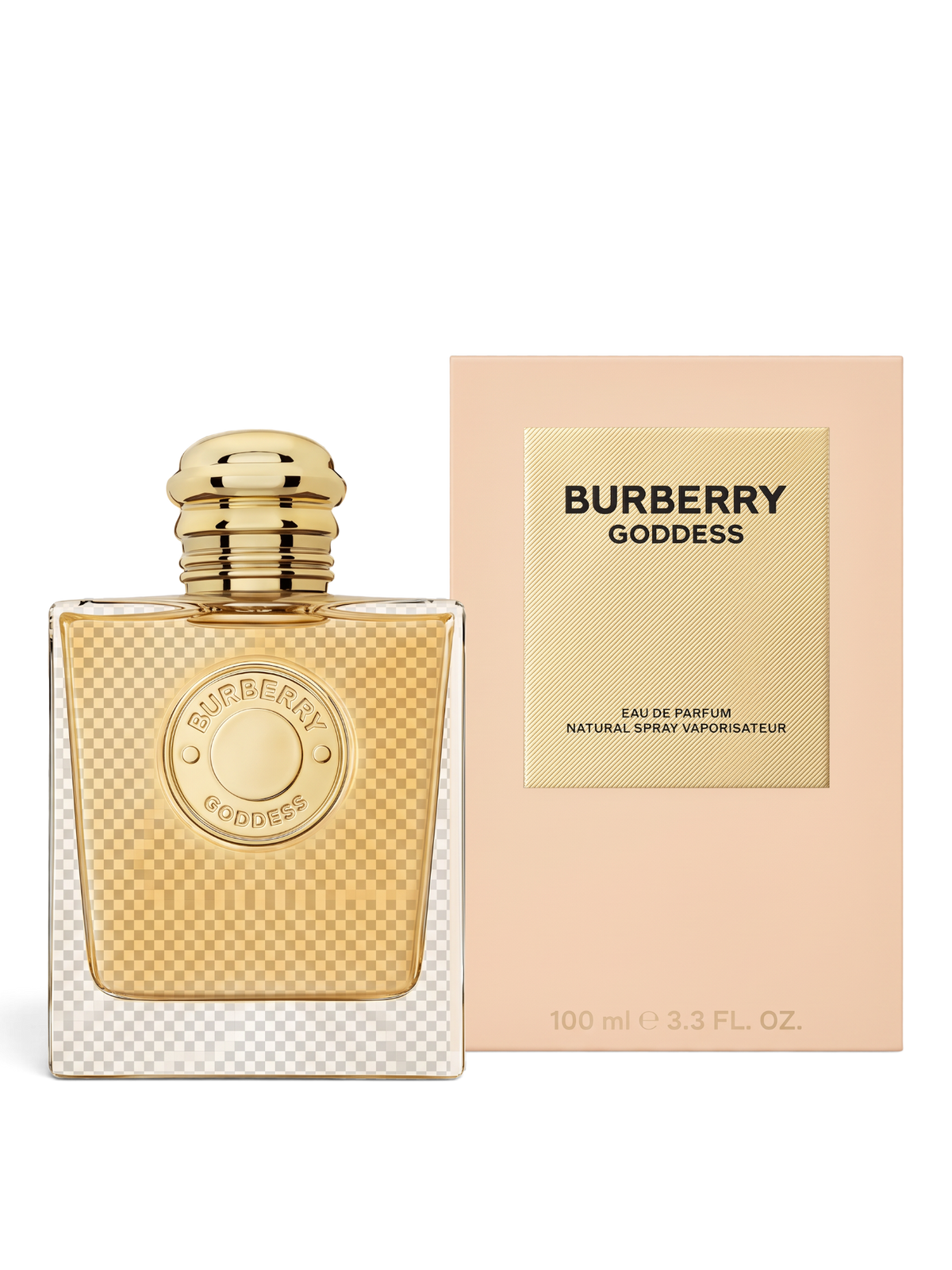 euaden Burberry Goddess EDP 100 ml kadın parfümü, altın rengi şık cam şişesi ve zarif bej kutusu ile