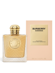 euaden Burberry Goddess EDP 100 ml kadın parfümü, altın rengi şık cam şişesi ve zarif bej kutusu ile
