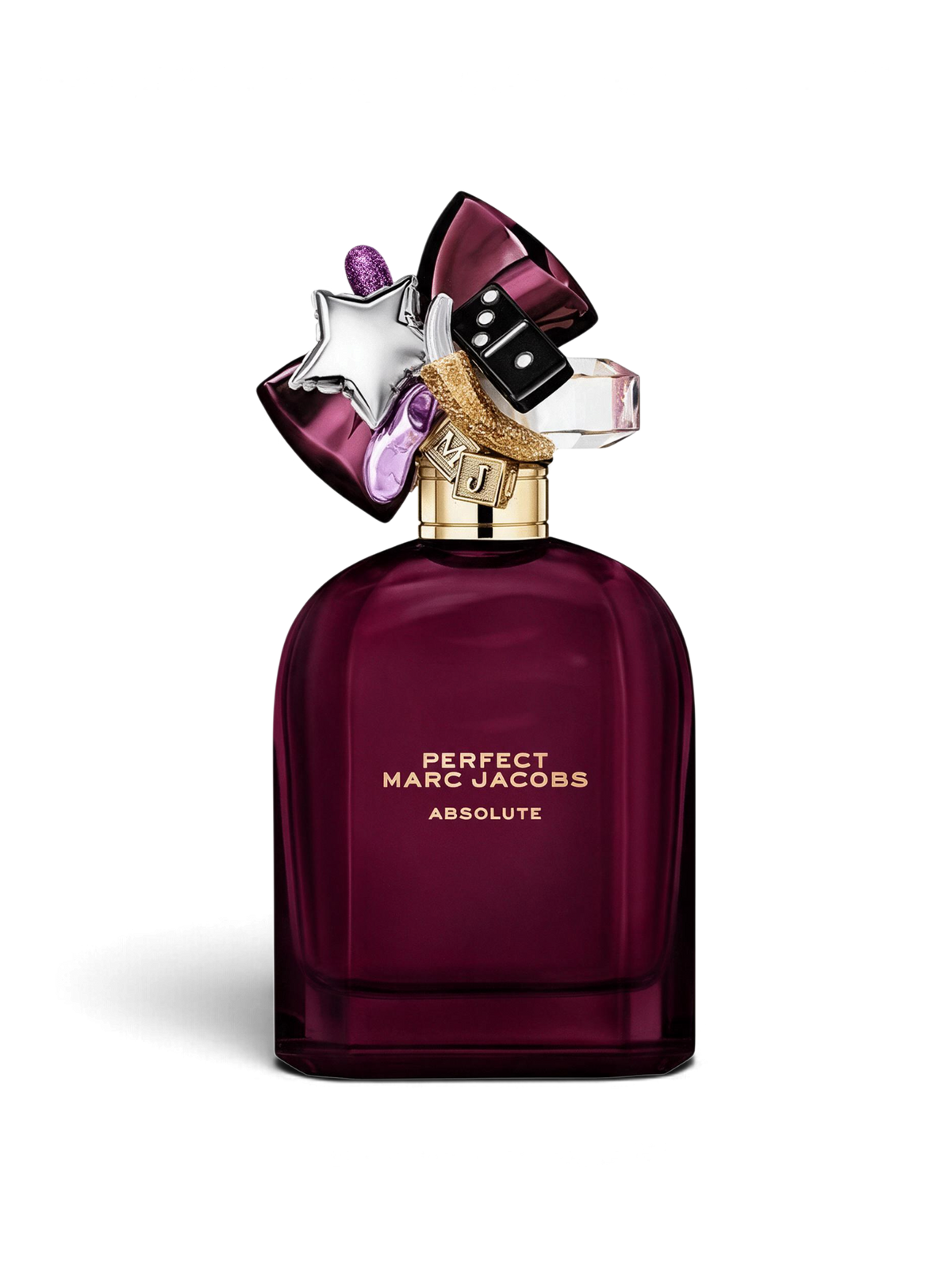 euaden Marc Jacobs Perfect Absolute kadın parfümü, koyu mor cam şişesi ve üzerinde ikonik süslemeleriyle 100 ml EDP