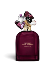 euaden Marc Jacobs Perfect Absolute kadın parfümü, koyu mor cam şişesi ve üzerinde ikonik süslemeleriyle 100 ml EDP