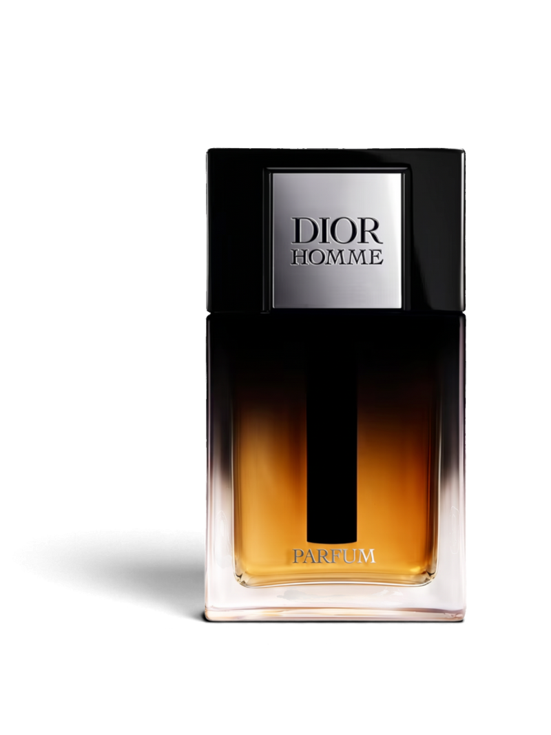 Euaden koleksiyonundan Dior Homme Parfum erkek parfümü, şık siyah ve kehribar renkli cam şişesiyle.