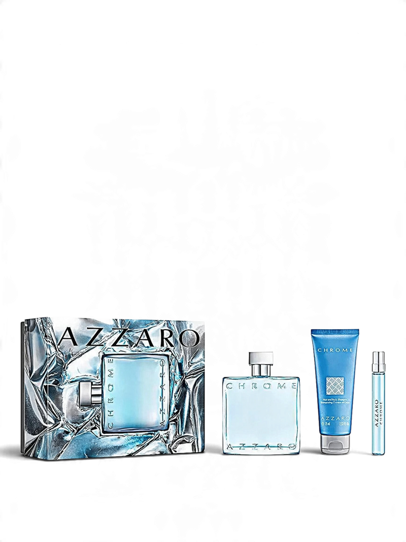 euaden Azzaro Chrome erkek parfüm hediye seti, 100ml EDT, 75ml duş jeli ve 10ml seyahat boyu parfüm içerir.