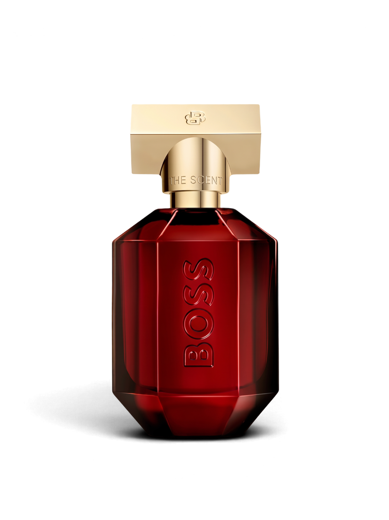 euaden HUGO BOSS The Scent For Her Elixir kadın parfümü, altın kapaklı şık ve koyu kırmızı cam şişe tasarımı