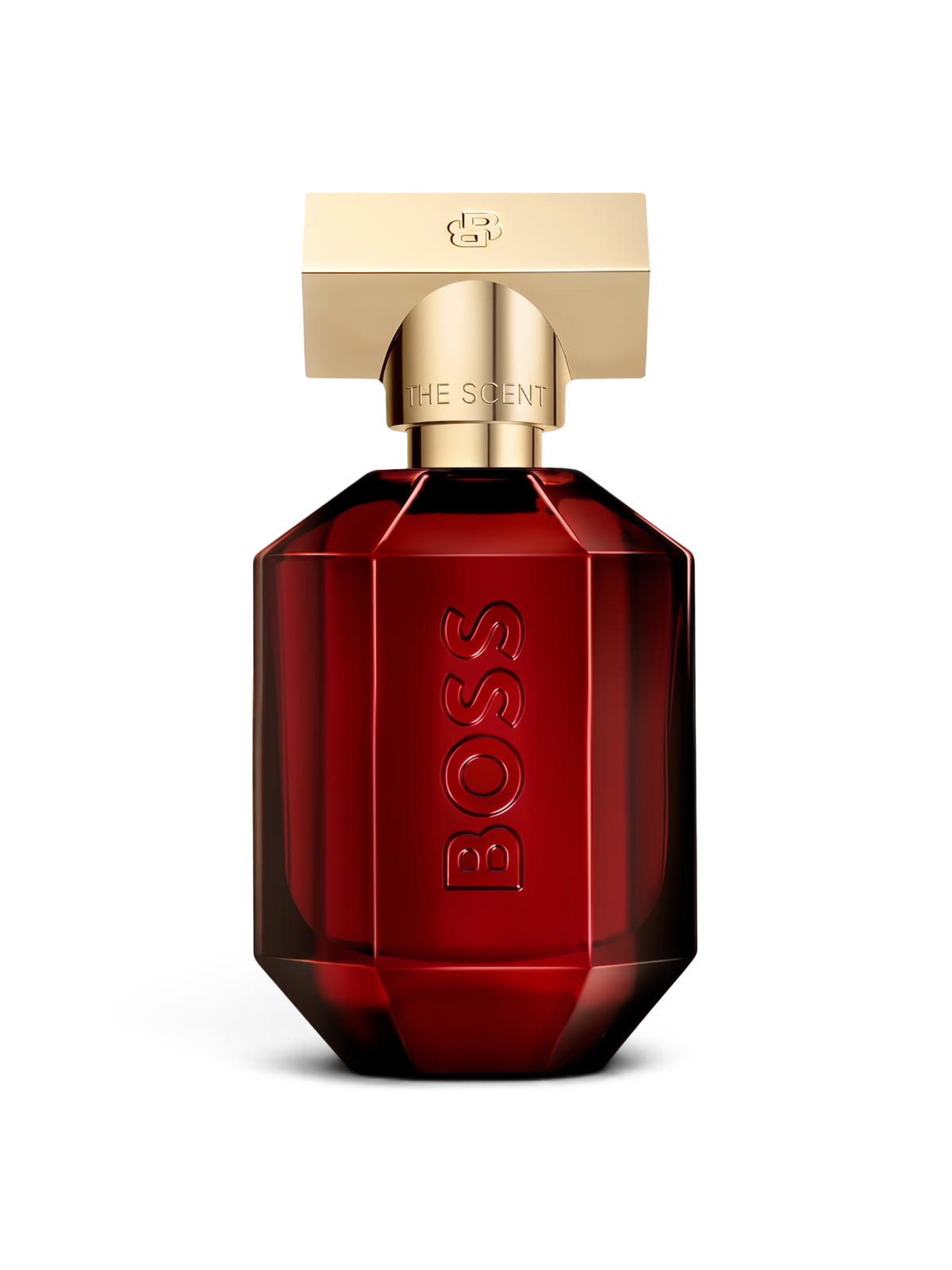 euaden HUGO BOSS The Scent For Her Elixir kadın parfümü, altın kapaklı şık ve koyu kırmızı cam şişe tasarımı