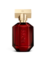 euaden HUGO BOSS The Scent For Her Elixir kadın parfümü, altın kapaklı şık ve koyu kırmızı cam şişe tasarımı