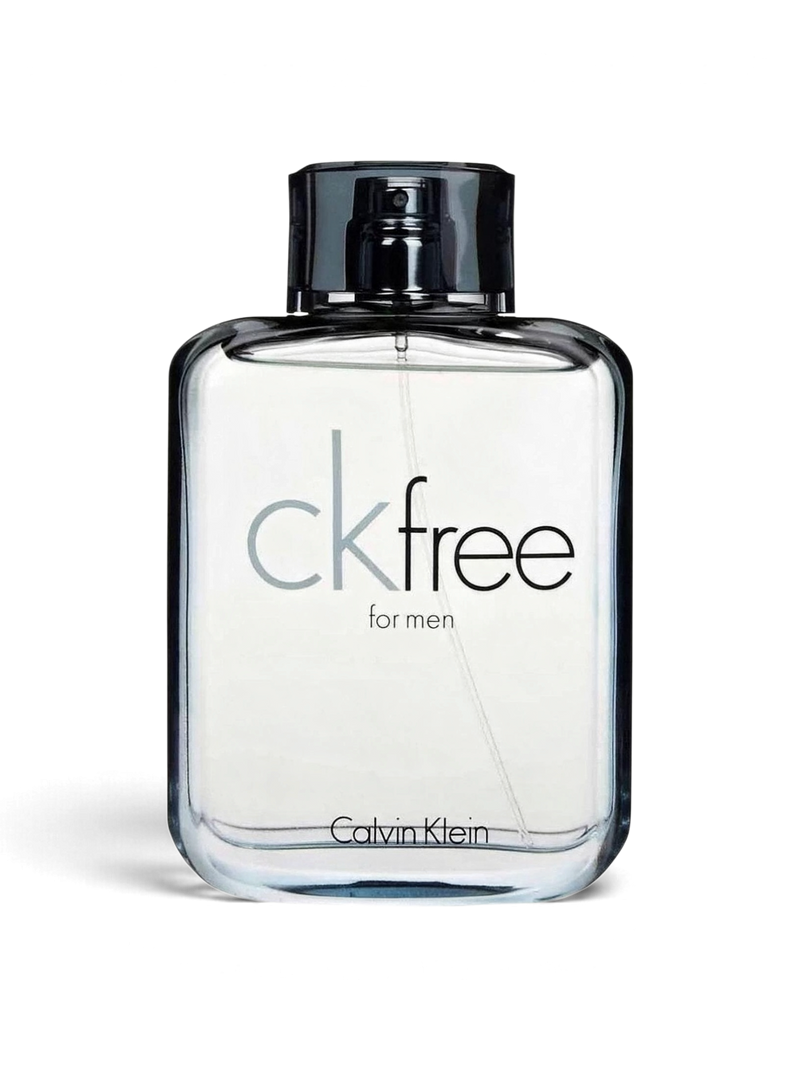 euaden Calvin Klein CK Free erkek parfümü, 100 ml şeffaf cam şişesi ve modern siyah kapağı ile odunsu ferah koku