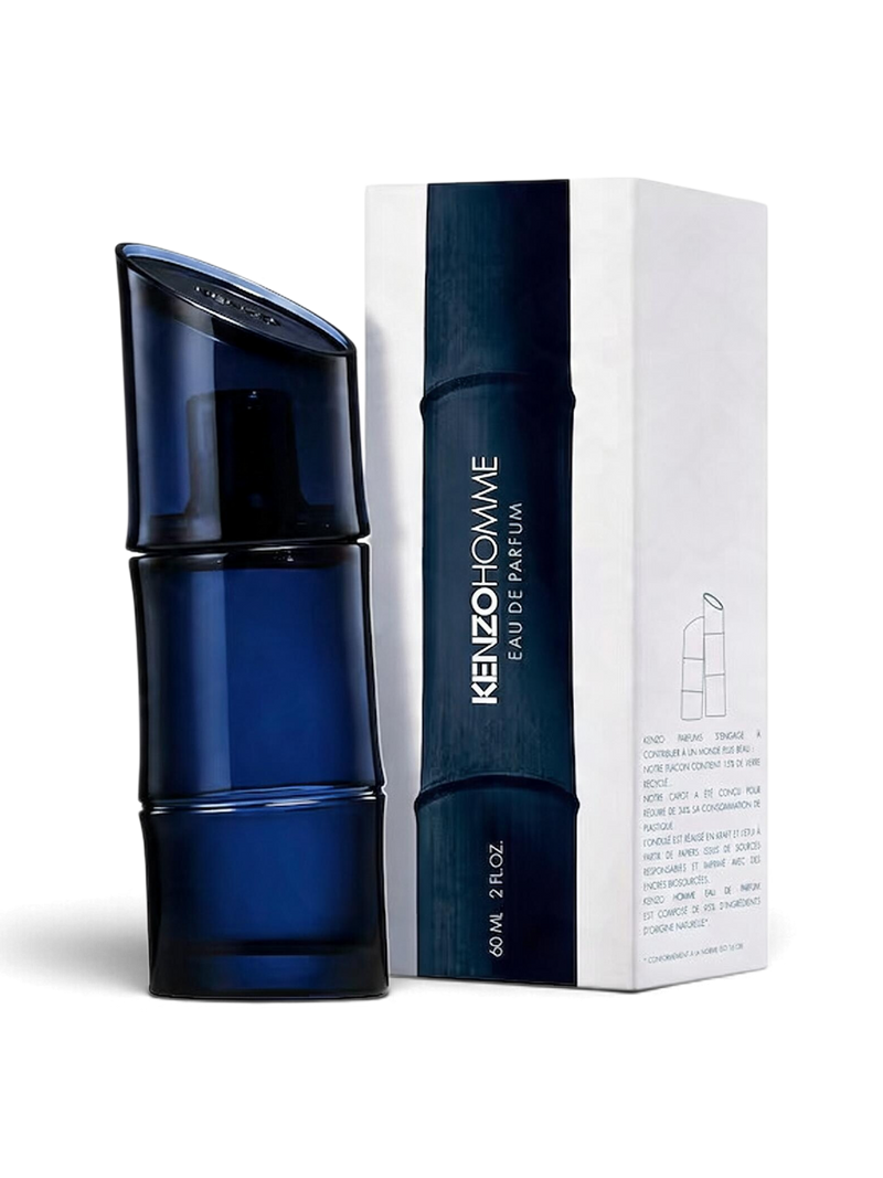euaden Kenzo Pour Homme EDP erkek parfümü, bambu tasarımlı lacivert cam şişesi ve beyaz kutusu ile