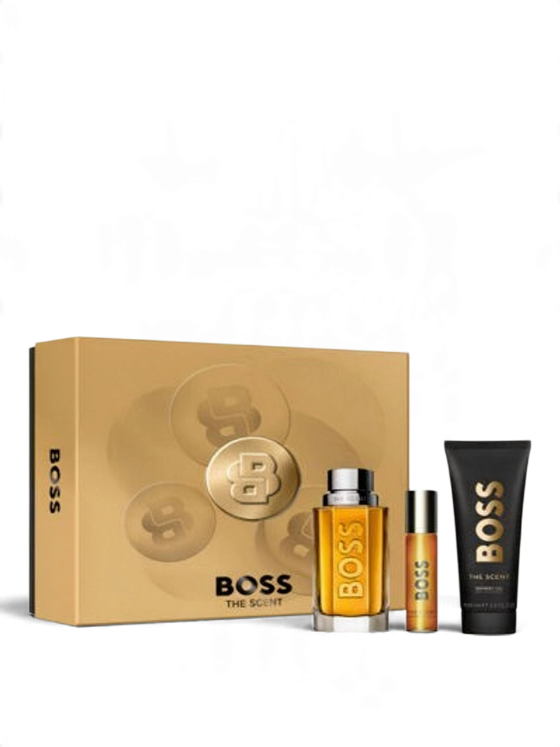 euaden Hugo Boss The Scent erkek bakım ve hediye seti; 100ml parfüm, duş jeli ve deodorant stick içeren şık kutu.