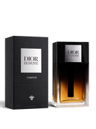 euaden Dior Homme Parfum erkek parfüm şişesi ve siyah kutusu, yoğun deri ve süsen notalı lüks koku tasarımı