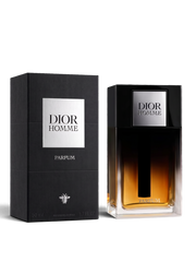 euaden Dior Homme Parfum erkek parfüm şişesi ve siyah kutusu, yoğun deri ve süsen notalı lüks koku tasarımı