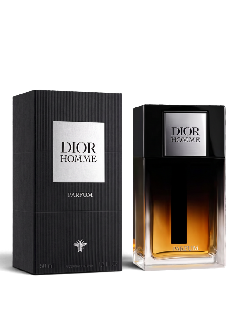 euaden Dior Homme Parfum erkek parfüm şişesi ve siyah kutusu, yoğun deri ve süsen notalı lüks koku tasarımı
