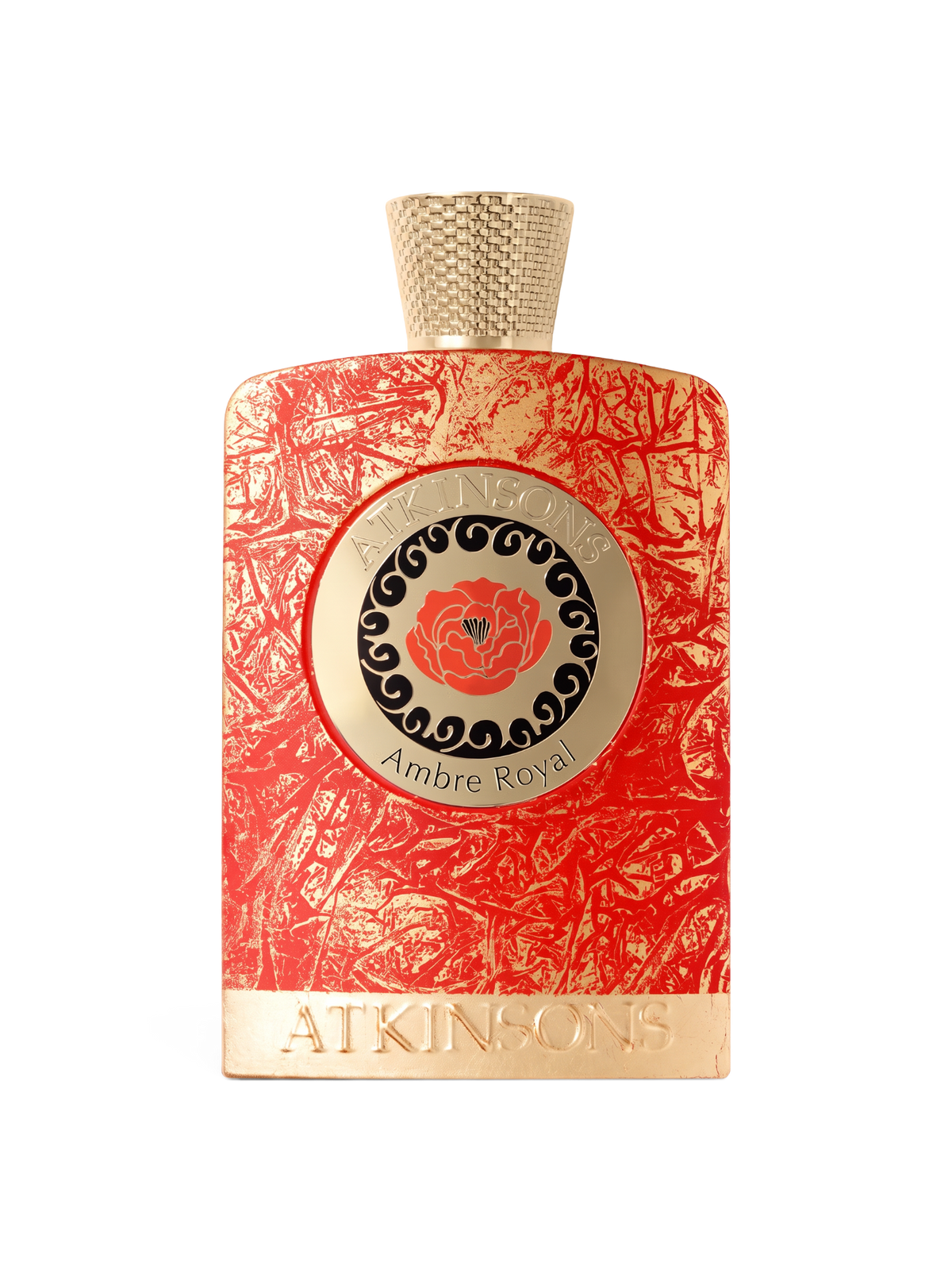 euaden Atkinsons Ambre Royal Parfum Intense, kırmızı dokulu şişesi ve altın detaylı kapağı ile 100 ml niş parfüm.
