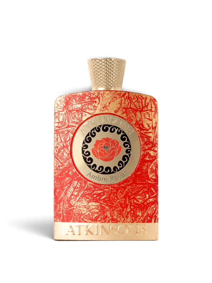 euaden Atkinsons Ambre Royal Parfum Intense, kırmızı dokulu şişesi ve altın detaylı kapağı ile 100 ml niş parfüm.