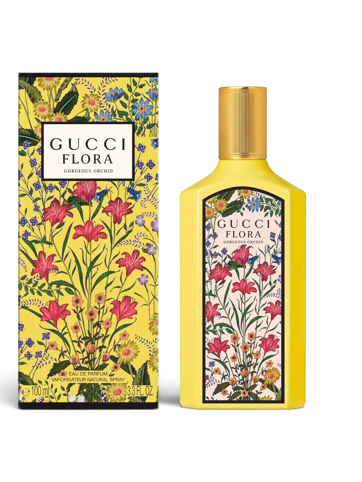 euaden Gucci Flora Gorgeous Orchid kadın parfümü, sarı şişe tasarımı ve çiçek desenli kutusu ile 100 ml EDP