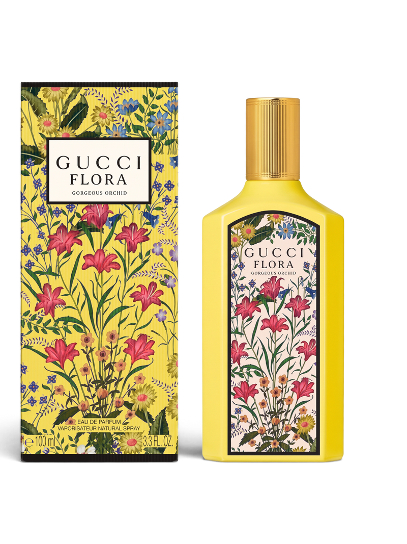 euaden Gucci Flora Gorgeous Orchid kadın parfümü, sarı şişe tasarımı ve çiçek desenli kutusu ile 100 ml EDP