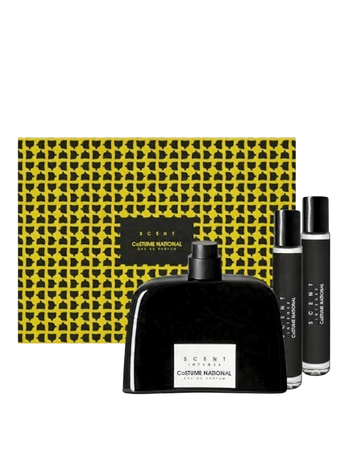 euaden Costume National Scent Intense 100ml parfüm ve seyahat boyu şişeler içeren şık siyah sarı hediye seti kutusu