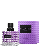 Euaden Valentino Donna Born In Roma Purple Melancholia kadın parfümü, ikonik çivili cam şişesi ve mor kutusuyla.