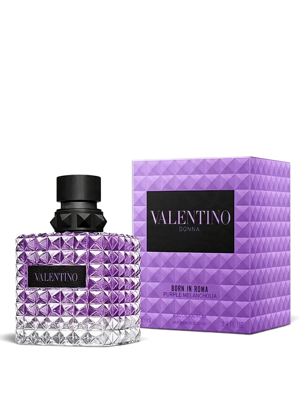 Euaden Valentino Donna Born In Roma Purple Melancholia kadın parfümü, ikonik çivili cam şişesi ve mor kutusuyla.