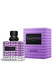 Euaden Valentino Donna Born In Roma Purple Melancholia kadın parfümü, ikonik çivili cam şişesi ve mor kutusuyla.