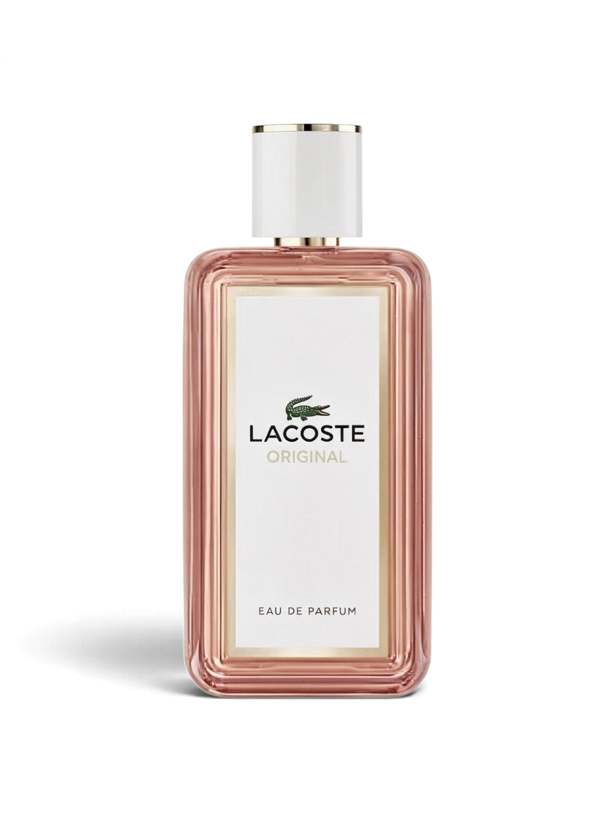 euaden Lacoste Original Femme 100 ml kadın parfümü, şık pembe cam şişesi ve beyaz kapak tasarımıyla