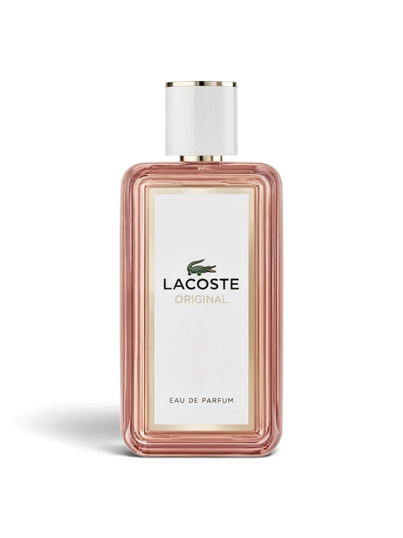 euaden Lacoste Original Femme 100 ml kadın parfümü, şık pembe cam şişesi ve beyaz kapak tasarımıyla