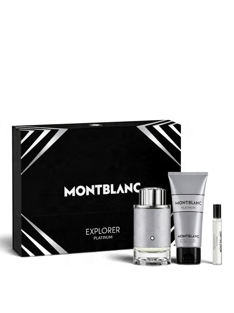 euaden Montblanc Explorer Platinum erkek parfüm seti, 100ml EDP, duş jeli ve seyahat boyu parfüm içeren lüks kutu.