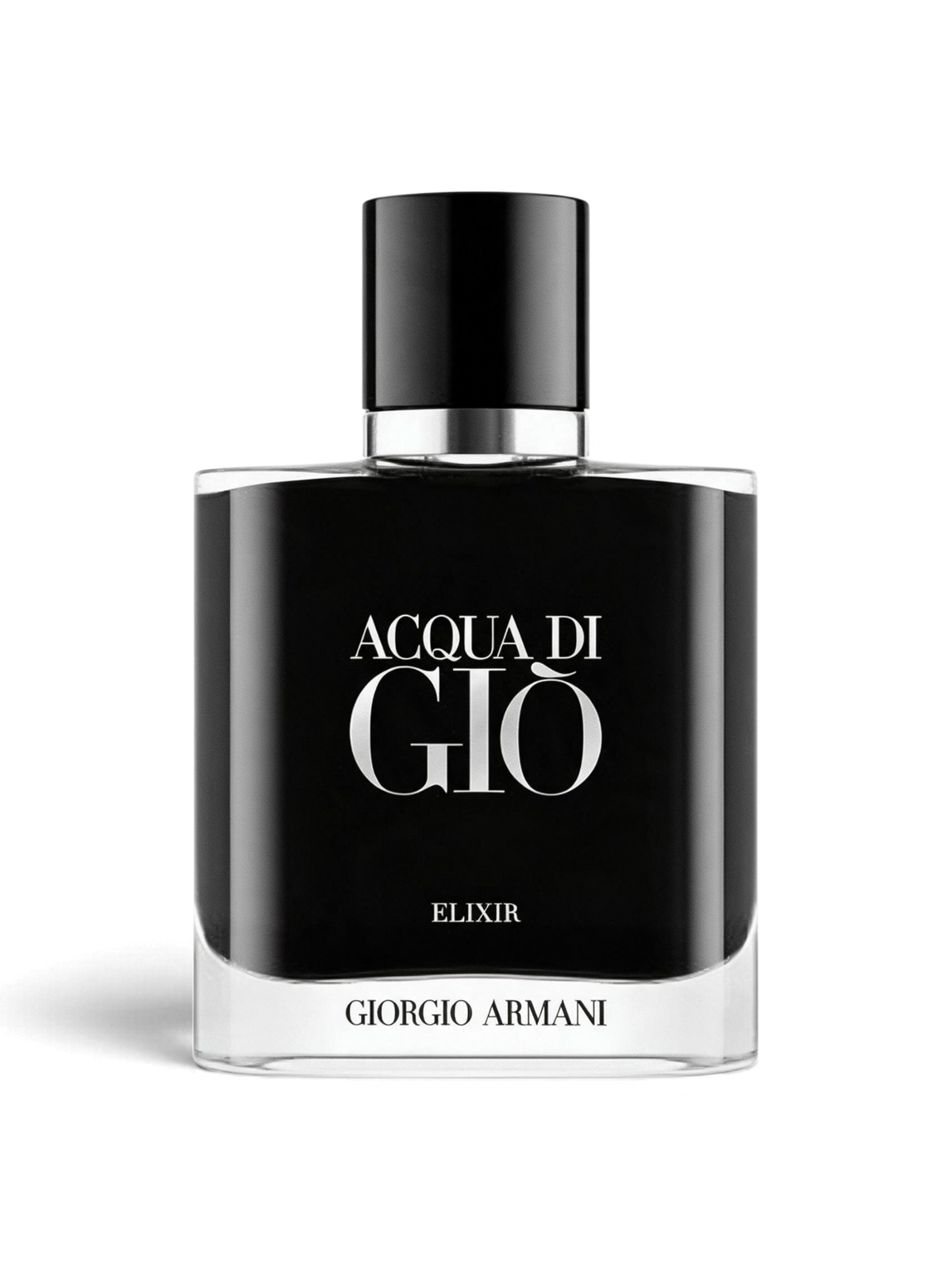 euaden Giorgio Armani Acqua Di Gio Elixir erkek parfümü, siyah şık şişe tasarımı ve beyaz zarif yazı detayları
