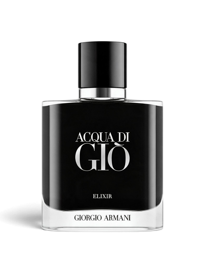 euaden Giorgio Armani Acqua Di Gio Elixir erkek parfümü, siyah şık şişe tasarımı ve beyaz zarif yazı detayları