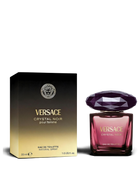 euaden Versace Crystal Noir kadın parfümü, elmas kesim kapaklı şık cam şişesi ve siyah altın renkli kutusu ile.