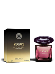 euaden Versace Crystal Noir kadın parfümü, elmas kesim kapaklı şık cam şişesi ve siyah altın renkli kutusu ile.