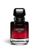 Euaden Givenchy L'Interdit Elixir kadın parfümü, siyah kapaklı ve kırmızıdan siyaha geçişli şık cam şişe tasarımı.
