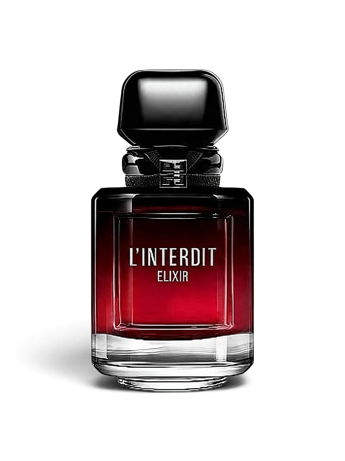 Euaden Givenchy L'Interdit Elixir kadın parfümü, siyah kapaklı ve kırmızıdan siyaha geçişli şık cam şişe tasarımı.