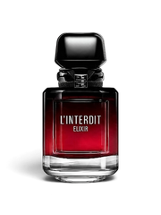 Euaden Givenchy L'Interdit Elixir kadın parfümü, siyah kapaklı ve kırmızıdan siyaha geçişli şık cam şişe tasarımı.