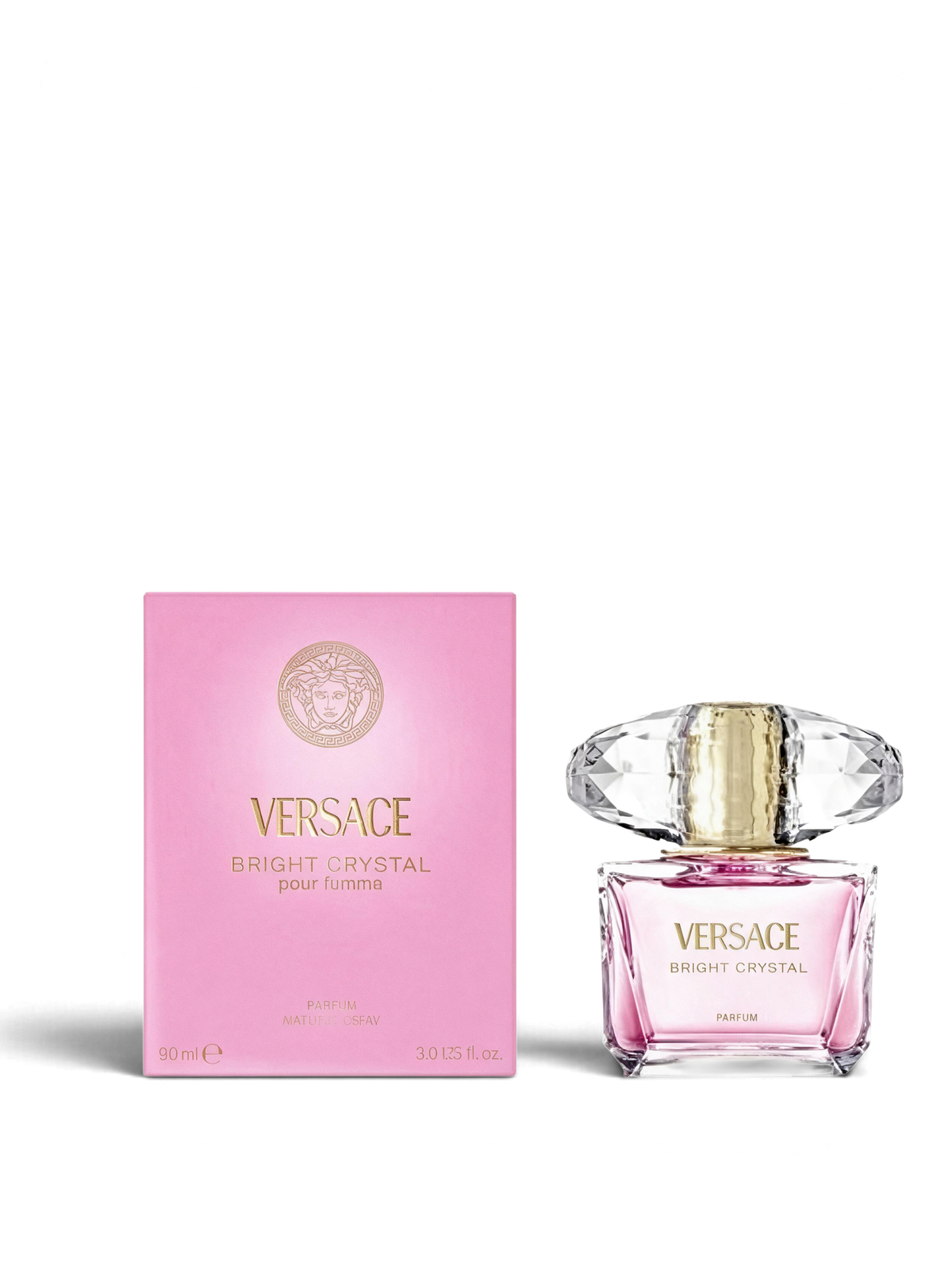 euaden Versace Bright Crystal 90 ml kadın parfümü, pembe kutusu ve kristal kapaklı zarif cam şişesiyle