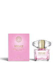 euaden Versace Bright Crystal 90 ml kadın parfümü, pembe kutusu ve kristal kapaklı zarif cam şişesiyle