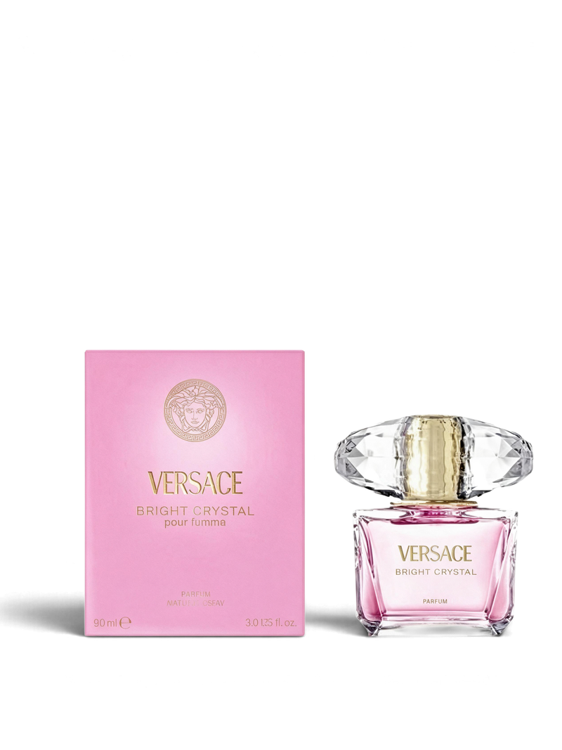 euaden Versace Bright Crystal 90 ml kadın parfümü, pembe kutusu ve kristal kapaklı zarif cam şişesiyle