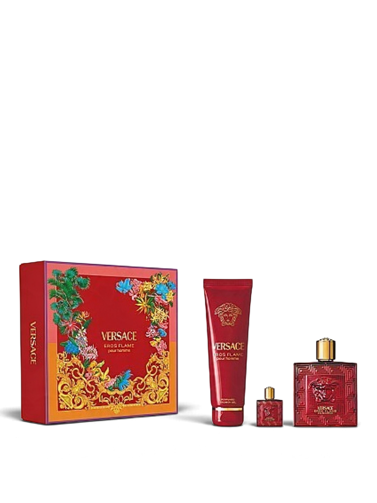 euaden Versace Eros Flame erkek parfüm hediye seti, kırmızı kutu, duş jeli ve seyahat boyu parfüm ile birlikte