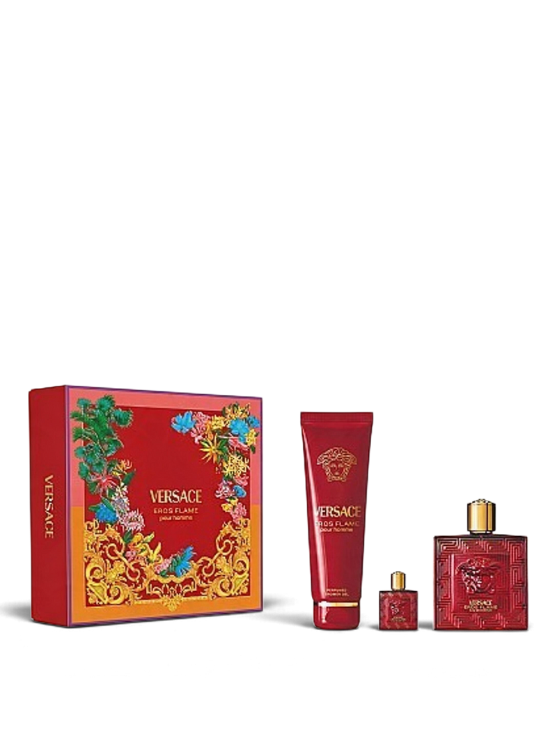 euaden Versace Eros Flame erkek parfüm hediye seti, kırmızı kutu, duş jeli ve seyahat boyu parfüm ile birlikte
