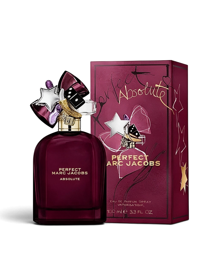 euaden Marc Jacobs Perfect Absolute kadın parfümü, koyu mor şişesi ve ikonik süslemeli kapağı ile 100 ml kutusunda.
